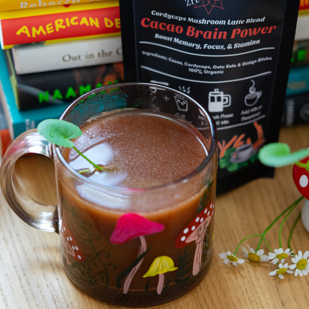 Glass mug with a mushroom hot chocolate beverage, surrounded by books and a product package on a wooden surface.