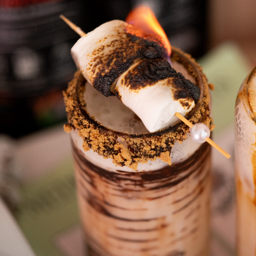 Hot chocolate mushroom mocha with roasted marshmallows and graham cracker crumbs on a stick, with a blurred background.