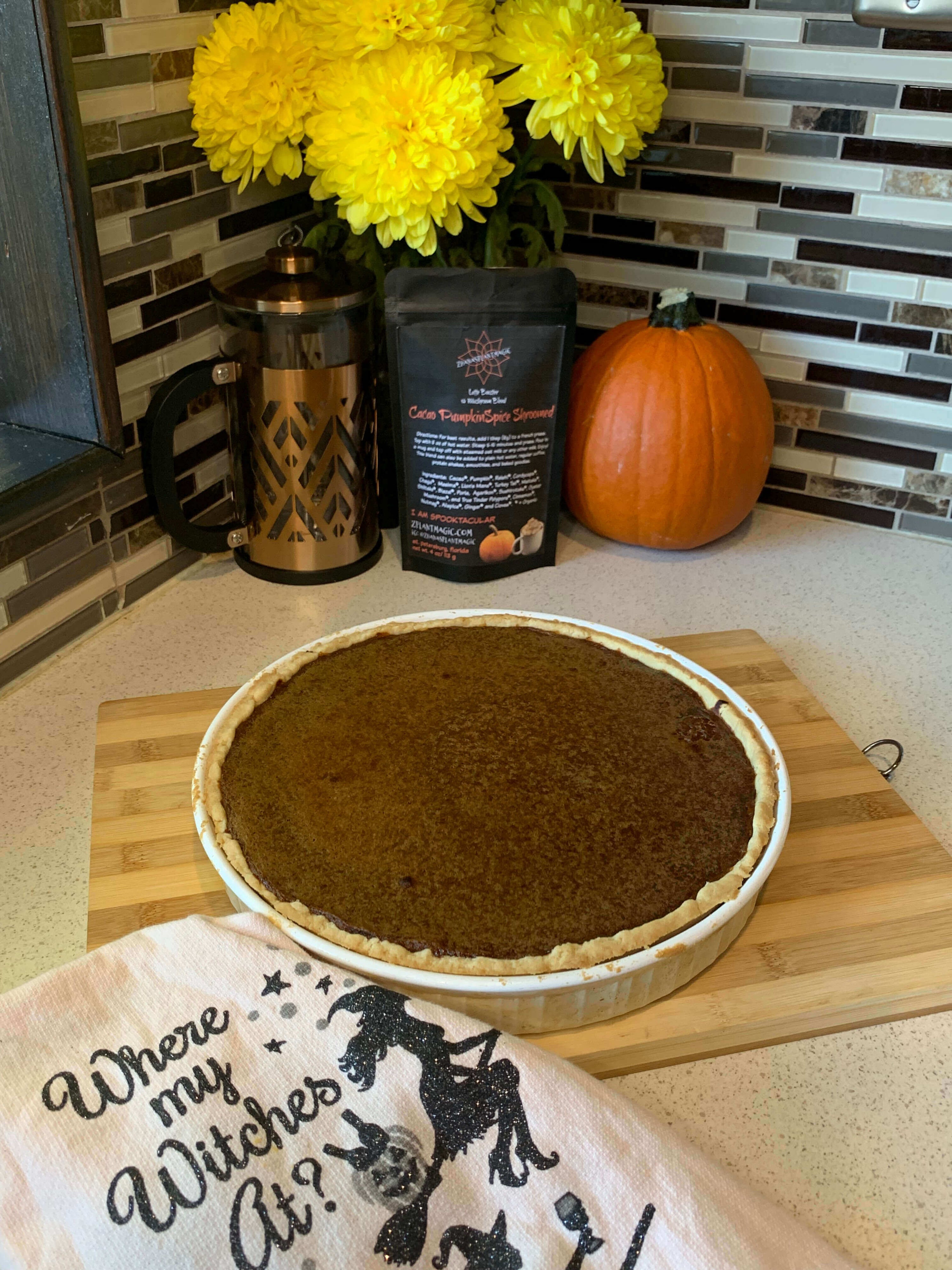 Gluten-Free Pumpkin Pie infused with functional mushrooms and cacao for a fun healthy twist on a thanksgiving classic