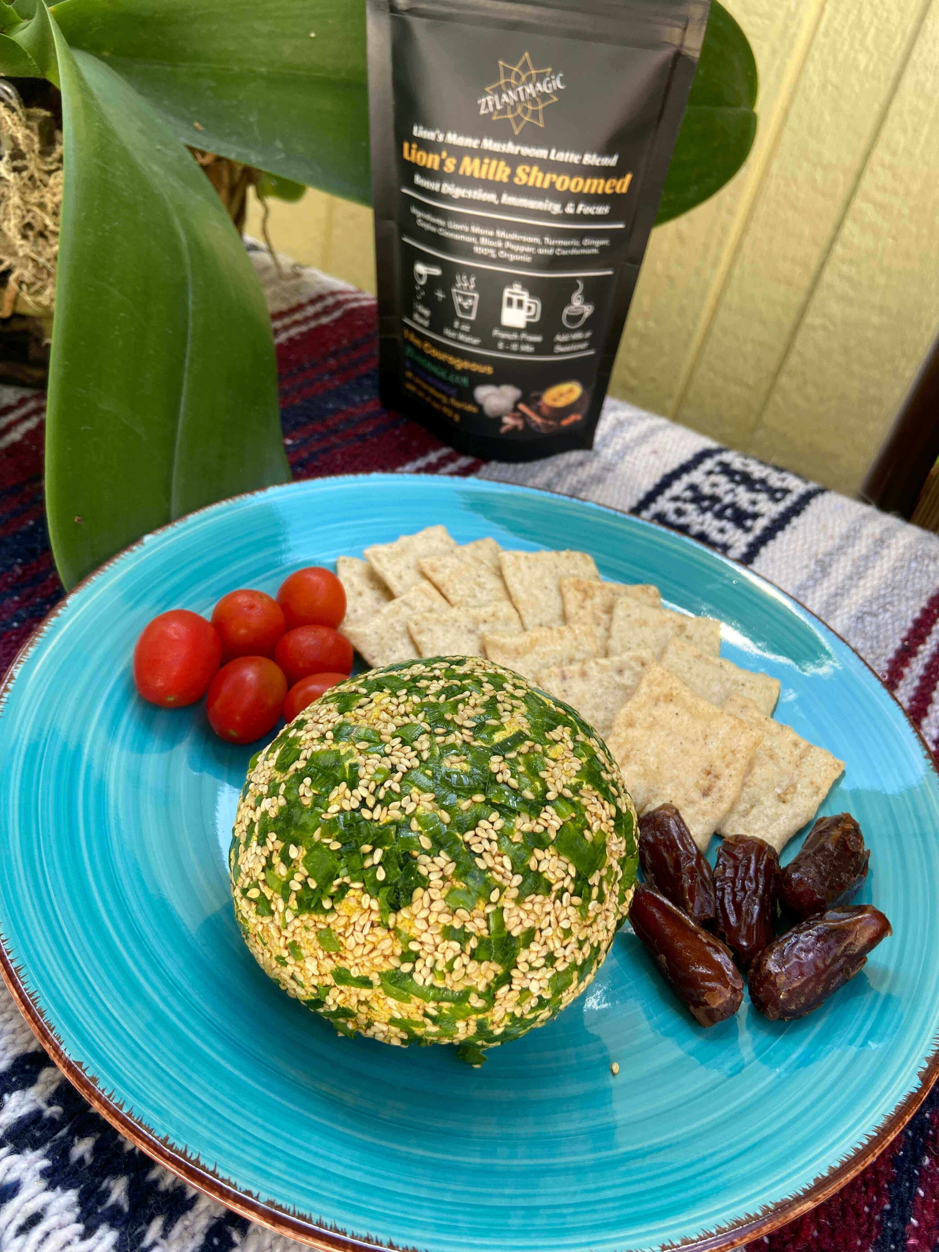 Vegan cheese ball infused with Lion's Mane mushroom for a nourishing snack