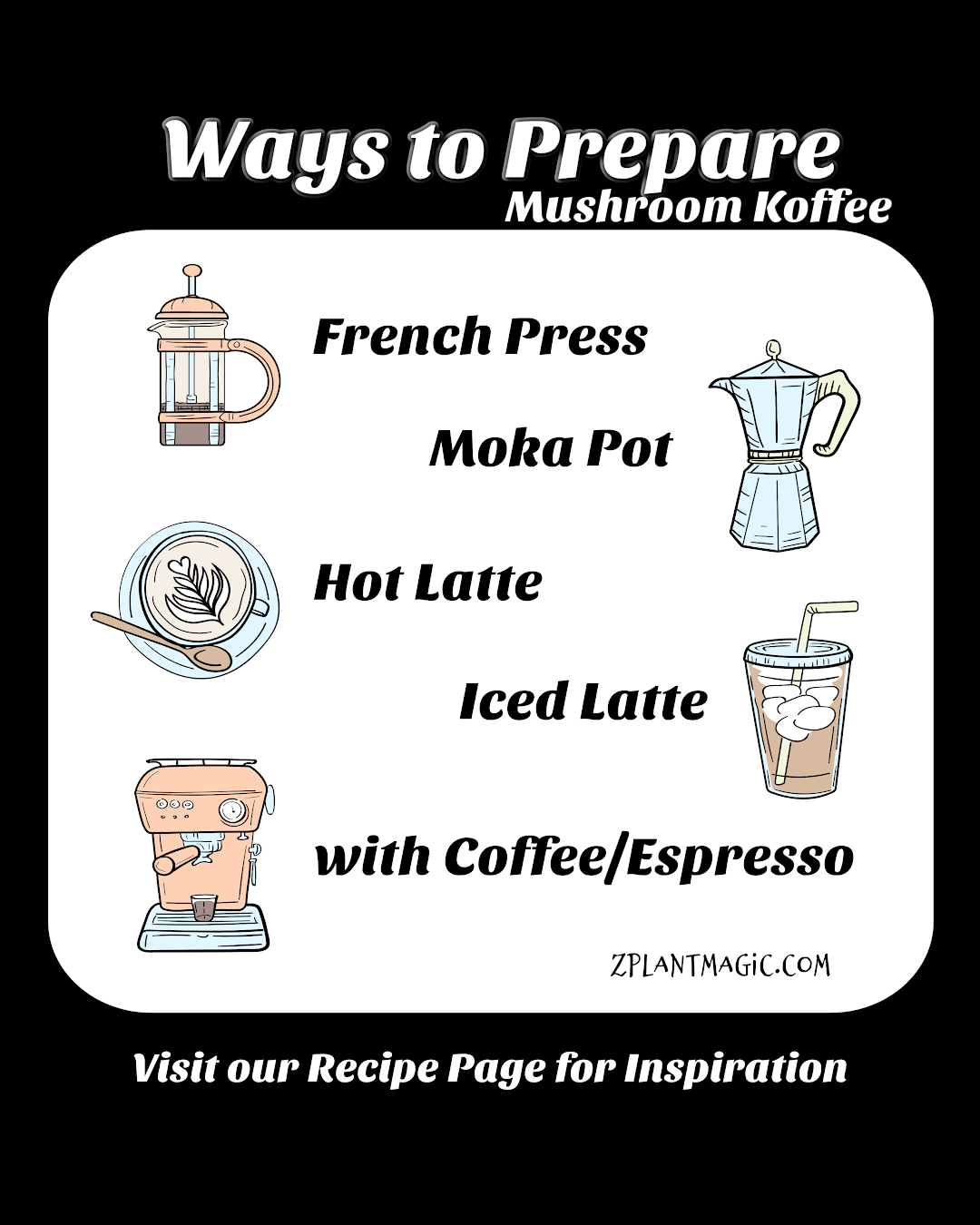 graphic showcasing how to make mushroom coffee using a french press, moka pot, hot lattes, iced lattes, with coffee or espresso by zplantmagic