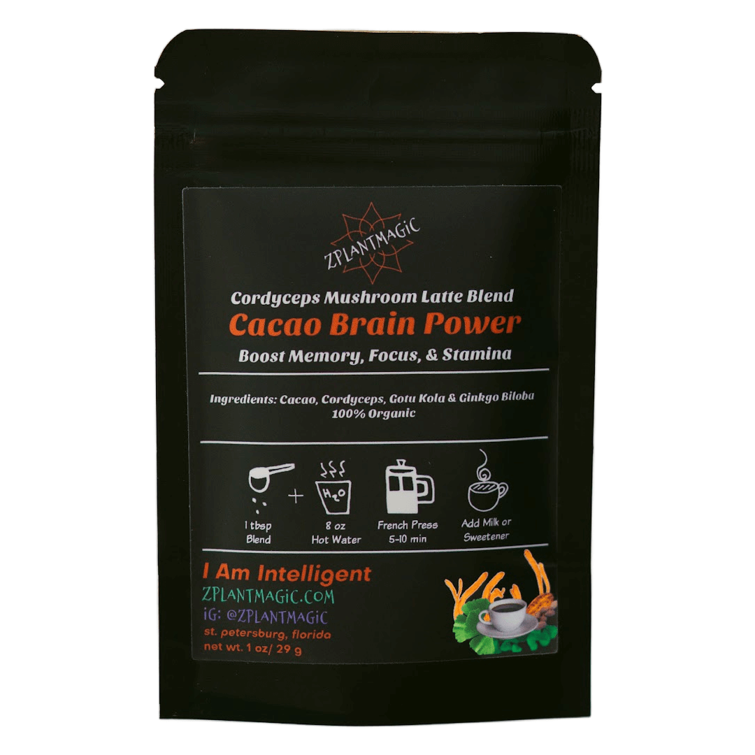 Front of small Cacao Brain Power package from ZPlantMagic, a chocolate tea mushroom latte blend featuring the ingredients and benefits of their caffeine-free coffee alternative made from mushrooms and herbs.