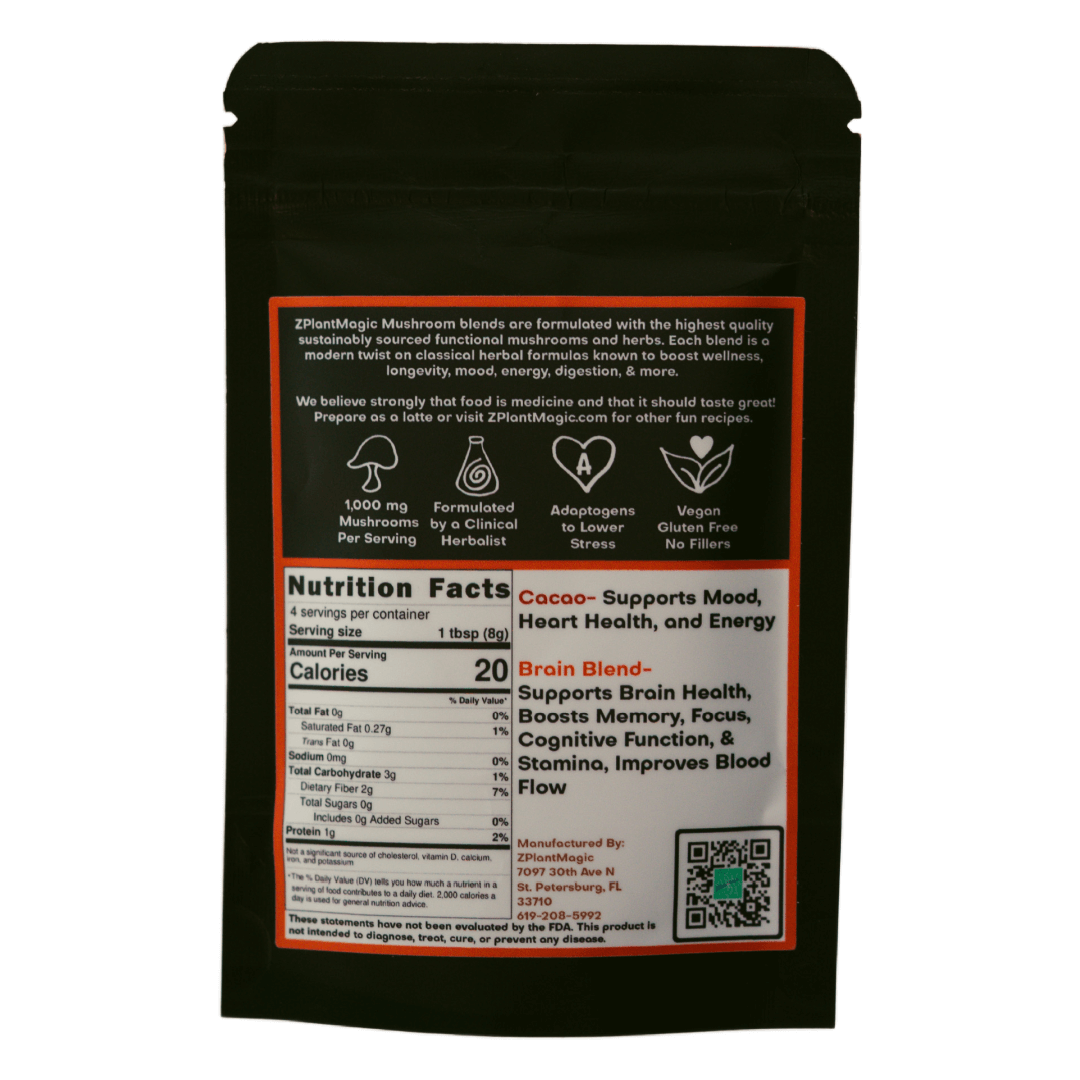 Back of ZPlantMagic Cacao Brain Power mushroom coffee alternative pouch showing nutrition facts, ingredients, wellness benefits, and product information.
