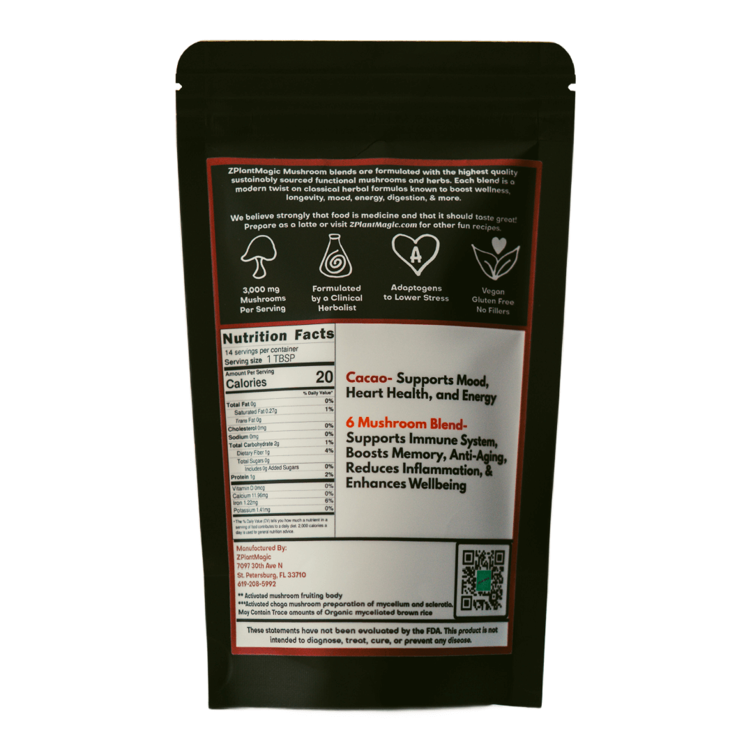 Back of Cacao Immortality package from ZPlantMagic featuring the ingredients and nutrition facts of their caffeine-free coffee alternative made from mushrooms and herbs.