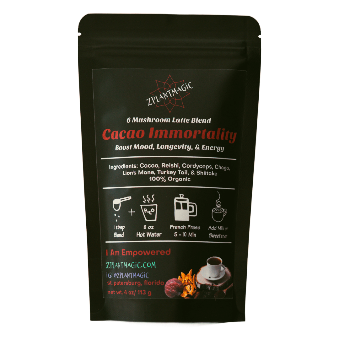 Front of small Cacao Immortality package from ZPlantMagic featuring the ingredients and benifits of their caffeine-free coffee alternative made from mushrooms and herbs.