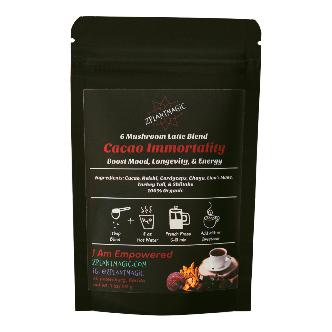 Front of small Cacao Immortality package from ZPlantMagic featuring the ingredients and benefits of their caffeine-free coffee alternative made from mushrooms and herbs.