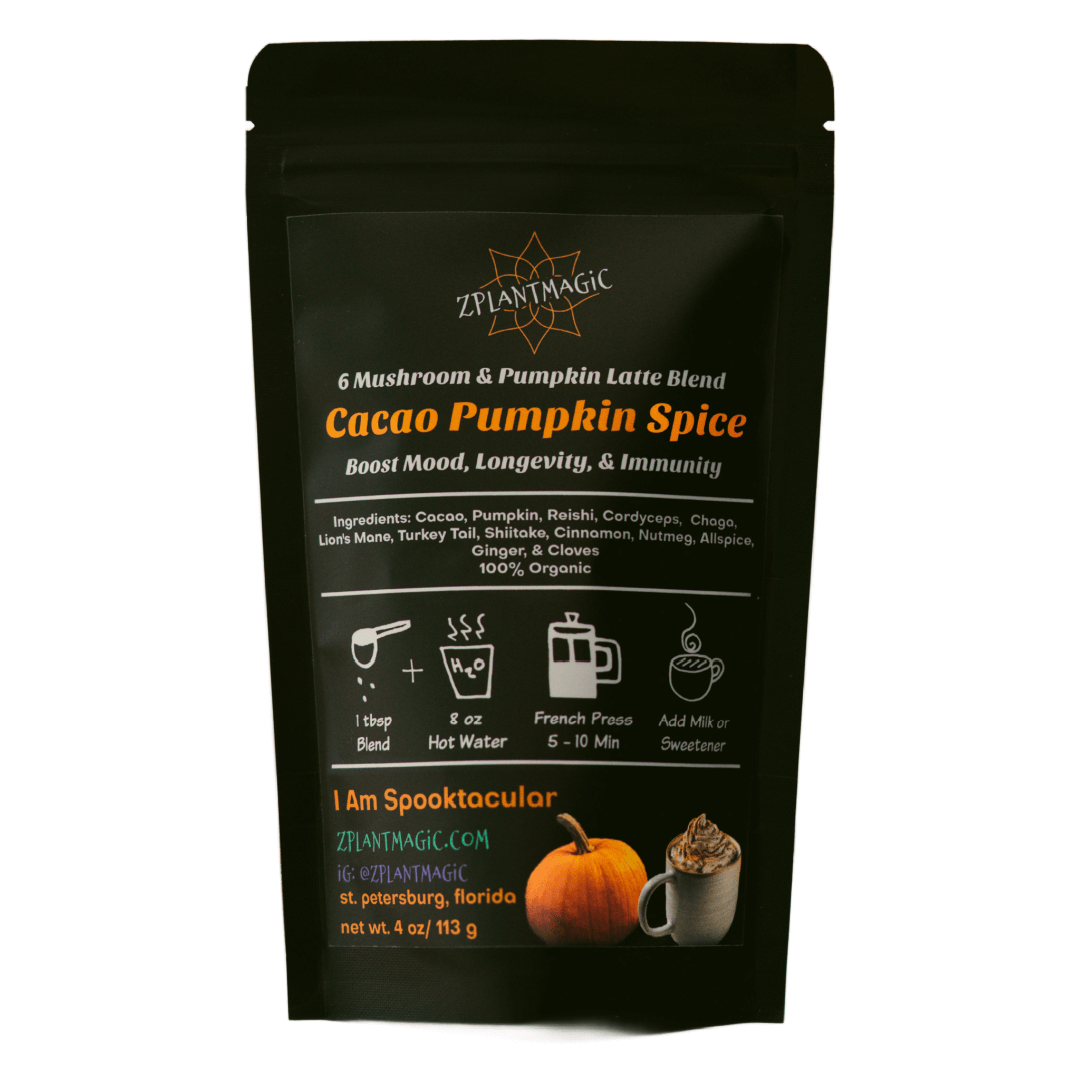 Front of Cacao Pumpkin Spice package from ZPlantMagic, a chocolate pumpkin spice mushroom latte blend featuring the ingredients and benefits of their caffeine-free coffee alternative made from mushrooms and herbs