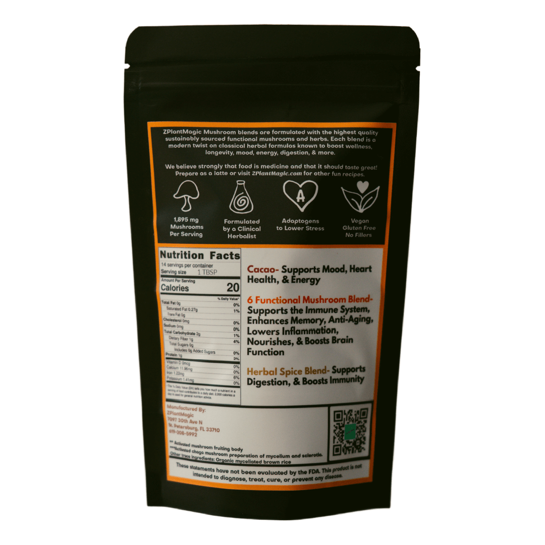 Back of Cacao Pumpkin Spice package from ZPlantMagic, a chocolate pumpkin spice mushroom latte blend featuring the ingredients and nutrition facts of their caffeine-free coffee alternative made from mushrooms and herbs