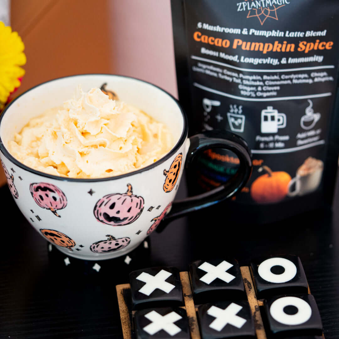 Hot cacao pumpkin spice mushroom latte served in a festive mug with ZPlantMagic caffeine-free coffee alternative.