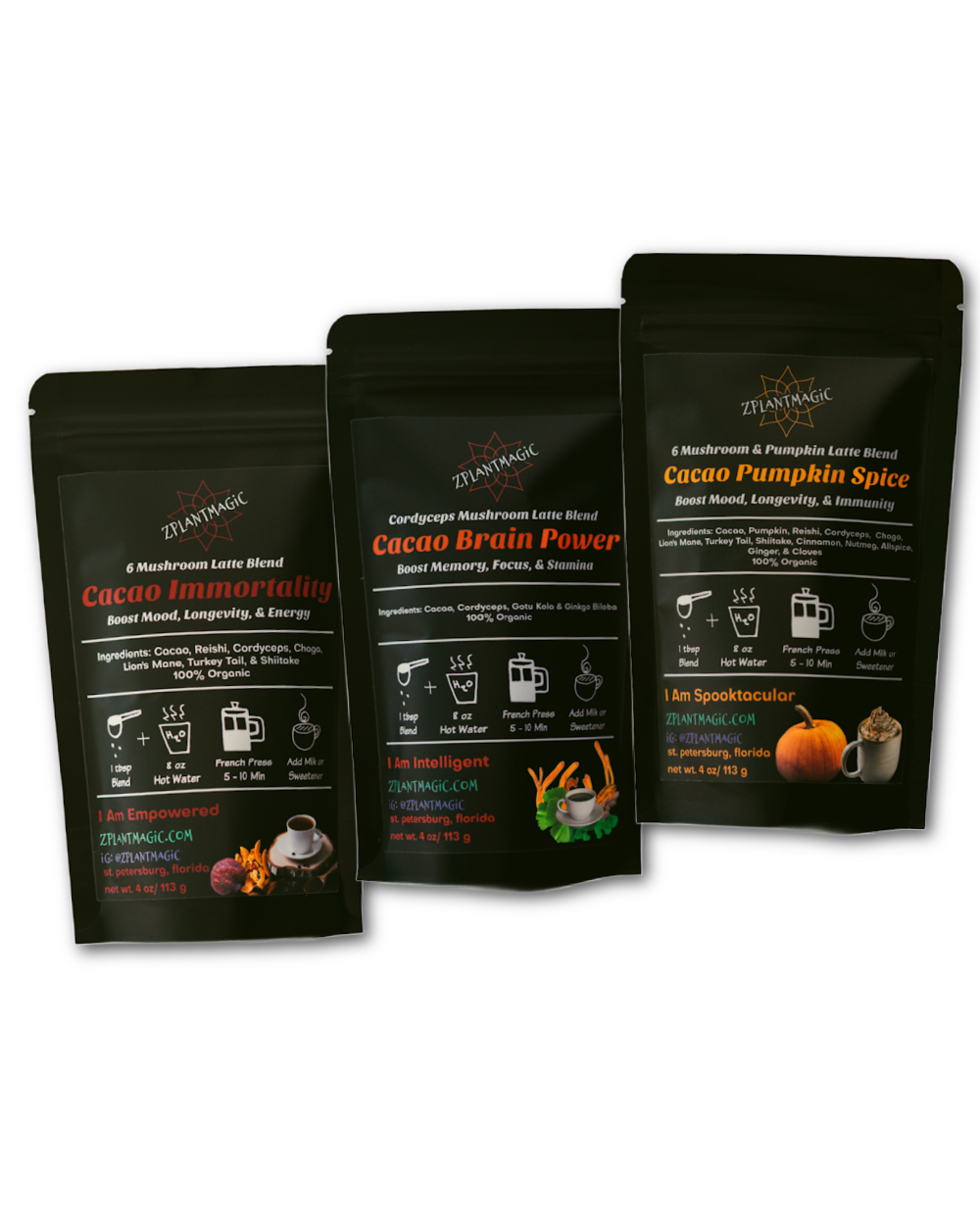 Cacao Trio, a ZPlantMagic Mushroom Koffee bundle of their 3 cacao blends with hot chocolate vibes 