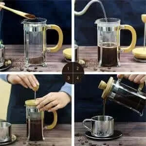 Bamboo Glass French Press how to use. One tablespoon of our blend, 8oz hot water, stir, steep 5 to 10 minutes, press down and pour 