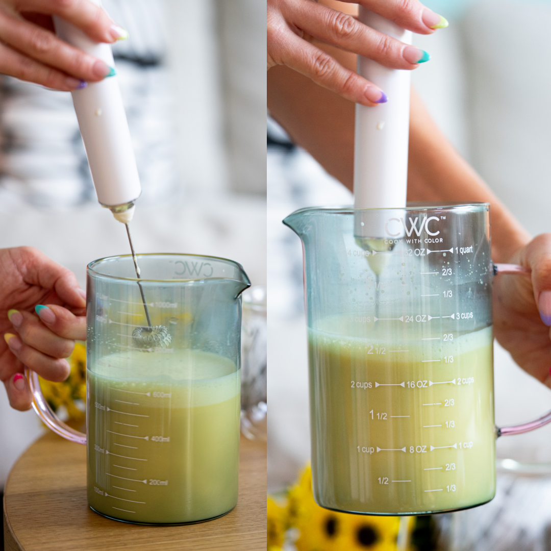 frothed lion's milk being prepared with an electric frother for a caffeine-free coffee alternative