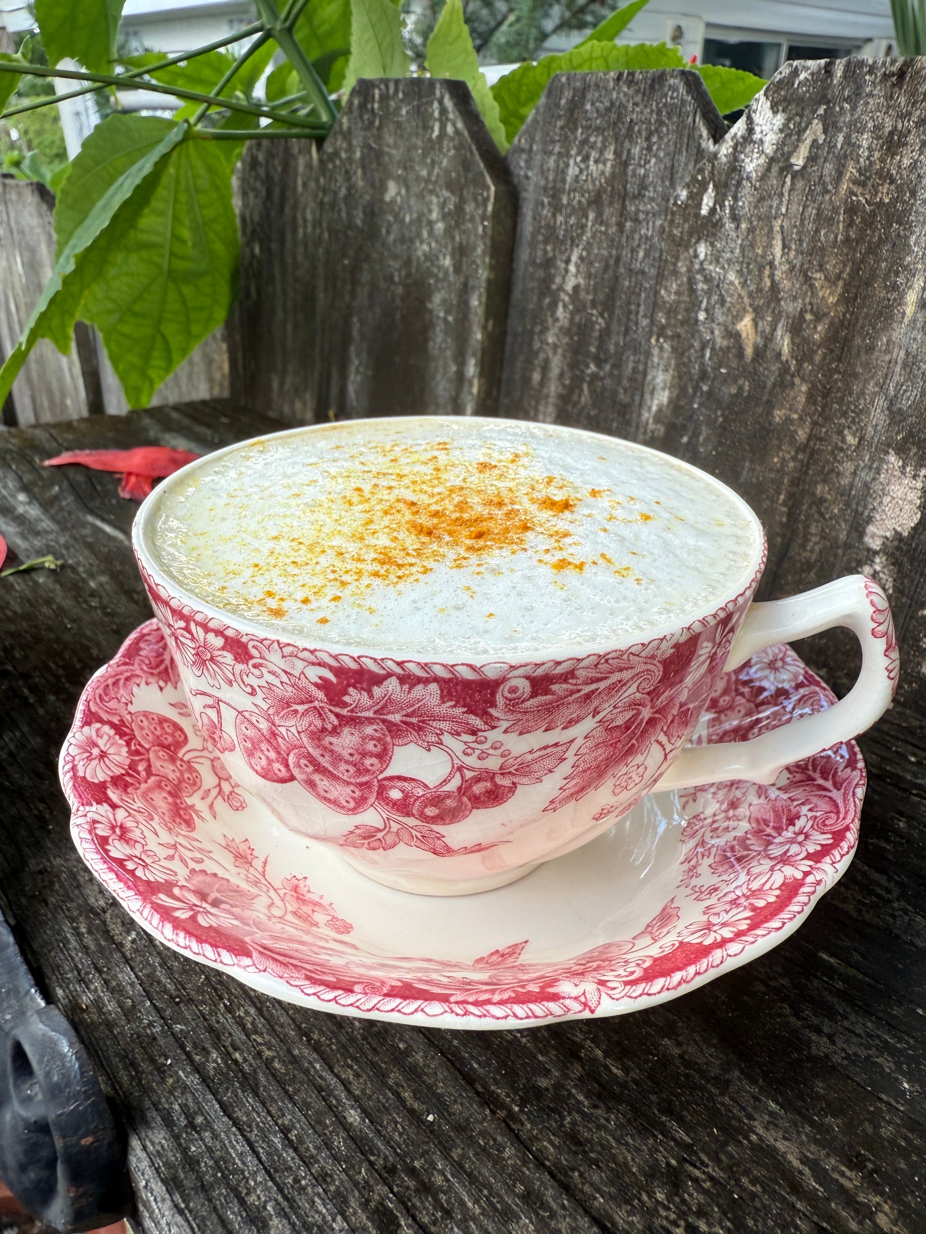 Lion's milk mushroom latte styled as a golden milk cappuccino in a vintage teacup outdoors