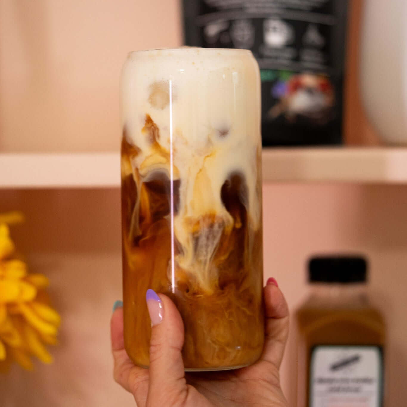 Iced Koffee with a K mushroom coffee cold brew with oat milk and maple syrup served as a healthy caffeine-free iced latte