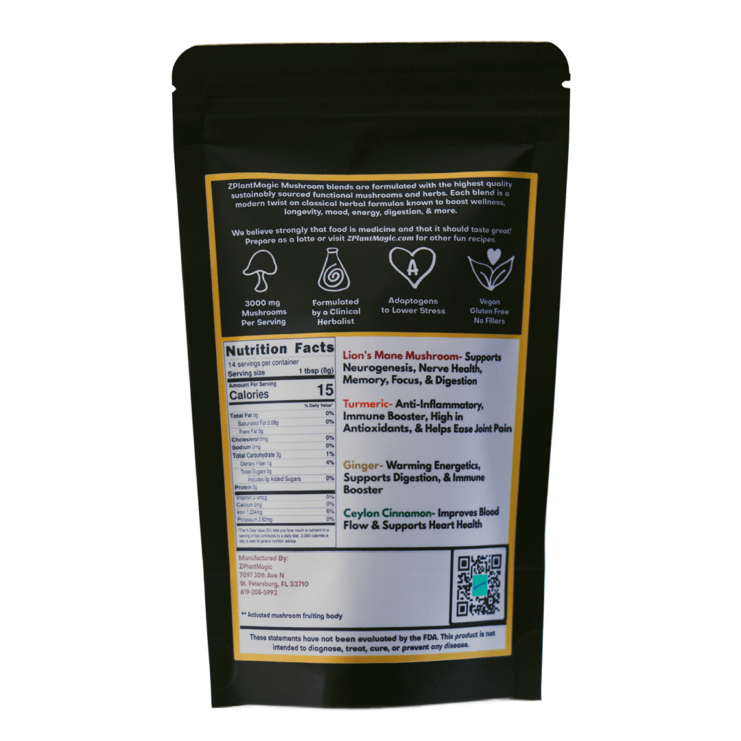 Back of Lion's Milk package from ZPlantMagic, a golden milk turmeric chai mushroom latte blend featuring the ingredients and nutrition facts of their caffeine-free coffee alternative made from mushrooms and herbs.