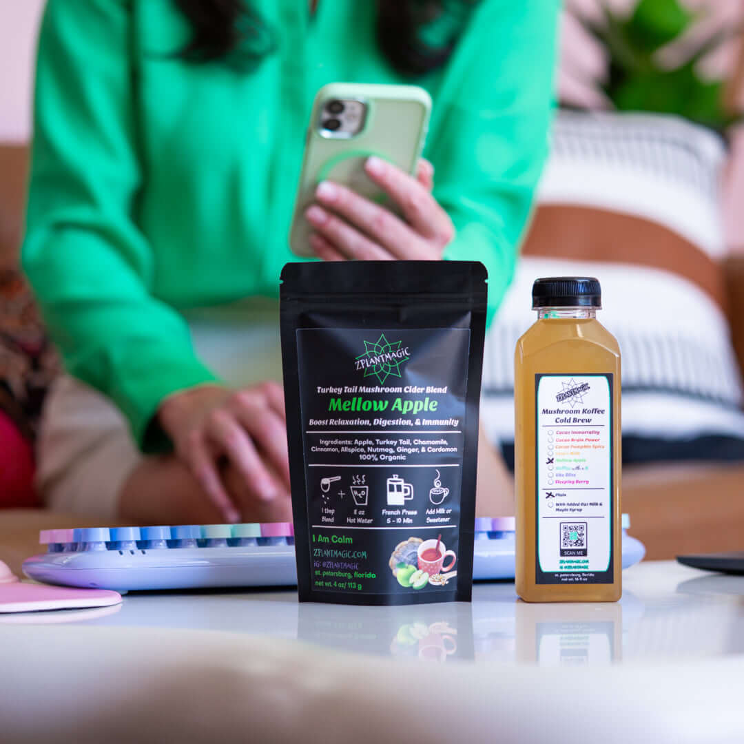 mellow apple mushroom latte blend being enjoyed after a long workday as a delicious mocktail by a boss babe