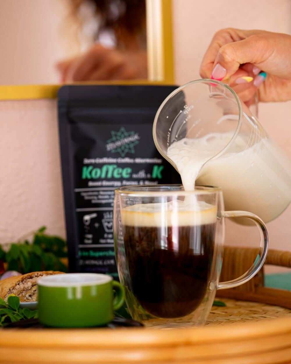 Making a mushroom koffee latte with oat milk using ZPlantMagic Koffee with a K blend which uses functional mushrooms and herbs instead of coffee for a naturally caffeine-free morning ritual reminiscent of coffee.