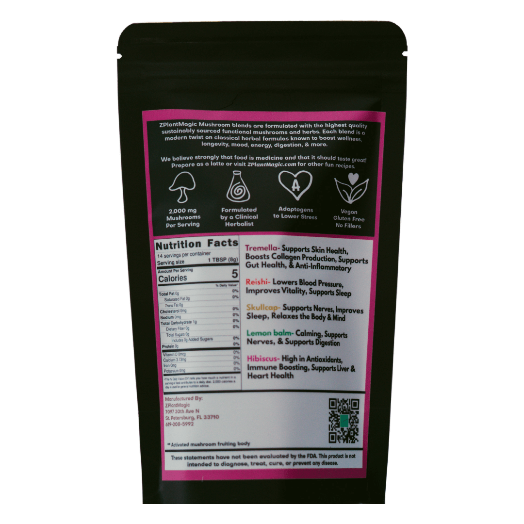 Back of Sleeping Berry package from ZPlantMagic, a berry mushroom latte blend featuring the ingredients and nutrition facts of their caffeine-free mushroom coffee and mocktails made from mushrooms and herbs.