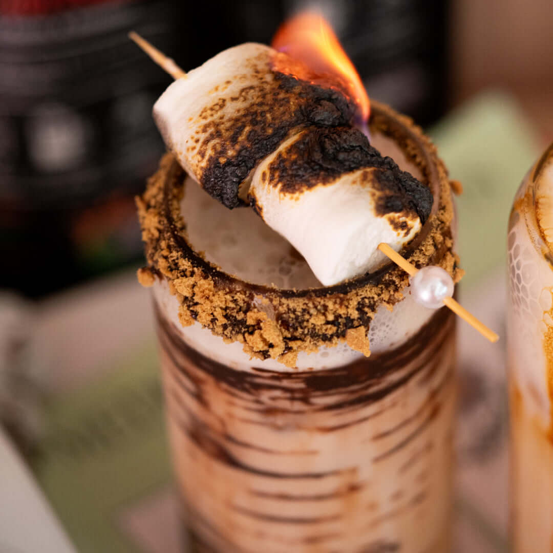 Hot chocolate mushroom mocha with roasted marshmallows and graham crackers as a nourishing afternoon treat.