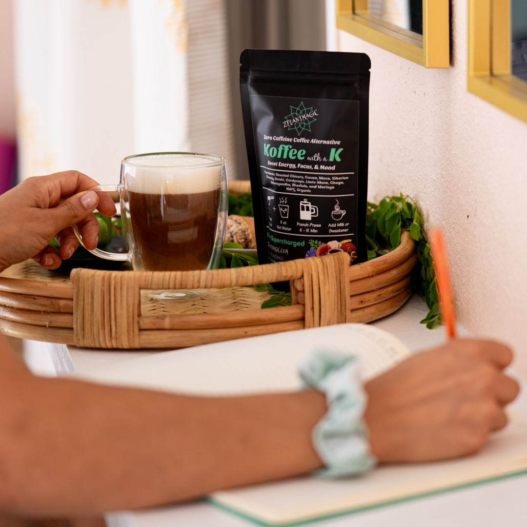 The Koffee ritual being enjoyed as a caffeine-free coffee alternative made from mushrooms and herbs