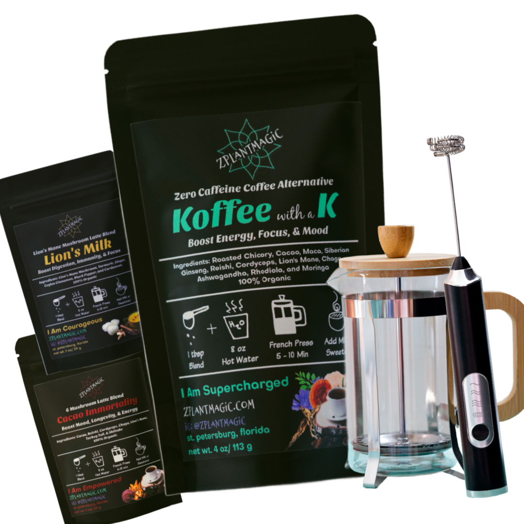 The Koffee Ritual™ by ZPlantmagic, a caffeine-free coffee alternative with mushroom koffee, French press, and black frother