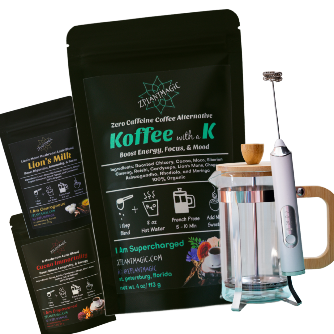 The Koffee Ritual™ by ZPlantmagic, a caffeine-free coffee alternative with mushroom koffee, French press, and white frother
