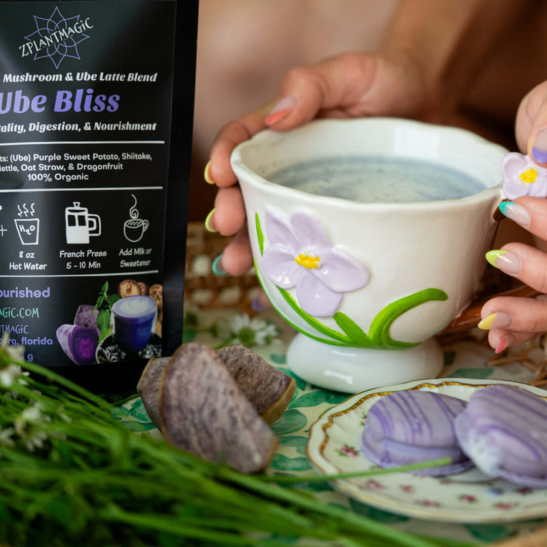 Ube Bliss mushroom late served in a floral teacup as a cozy, caffeine-free ritual