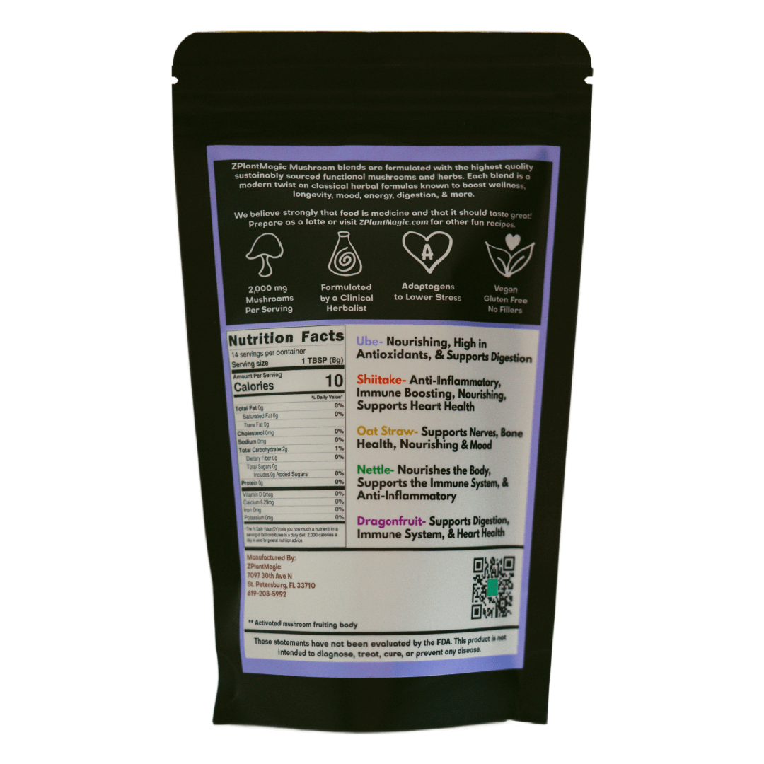 Back of Ube Bliss package from ZPlantMagic, an ube mushroom latte blend featuring the ingredients and nutrition facts of their caffeine-free coffee alternative made from mushrooms and herbs.