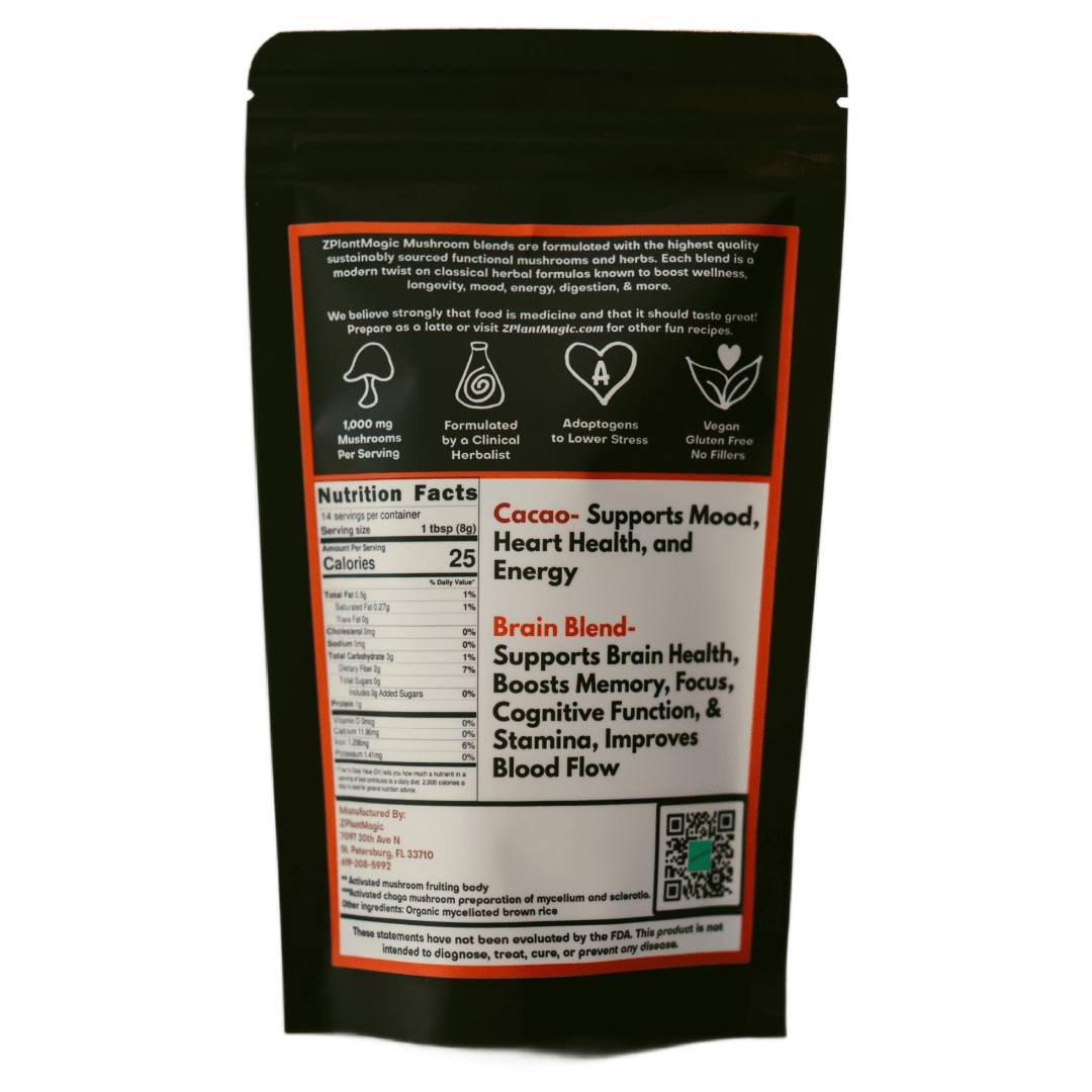 Back of ZPlantMagic Cacao Brain Power mushroom latte blend package showing nutrition facts, ingredients, and focus boosting benefits
