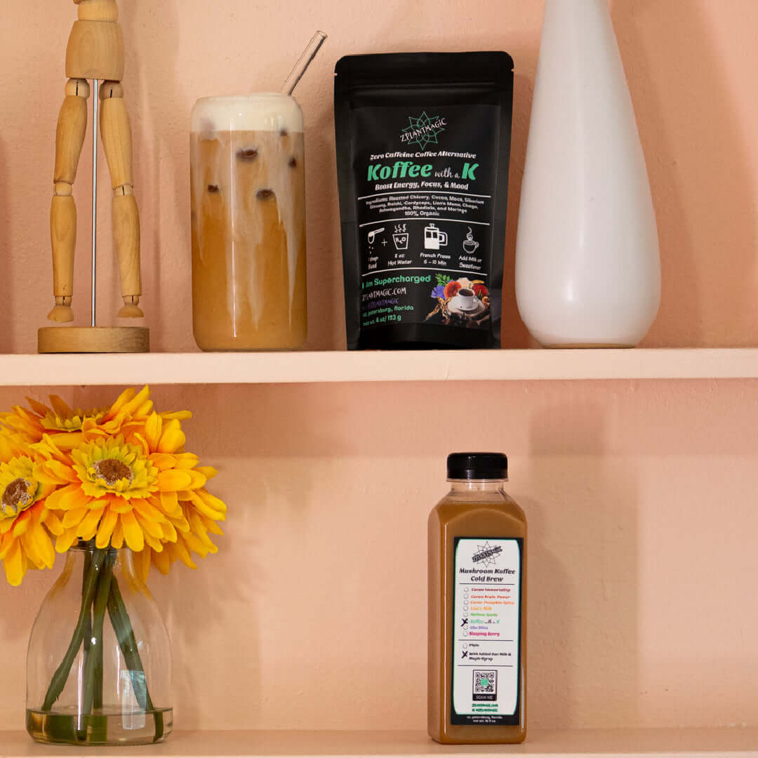 ZPlantMagic koffee with a K mushroom blend styled on a shelf with iced latte, bottled cold brew, milk frother, and minimalist home decor