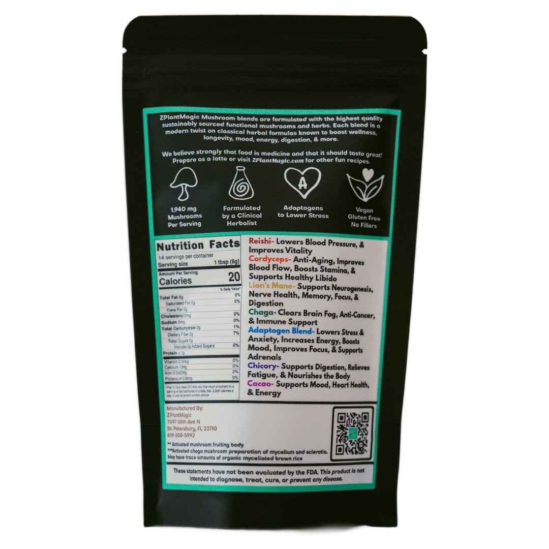 Back of ZPlantMagic Koffee with a K mushroom coffee alternative package showing nutrition facts, ingredients, and functional benefits.