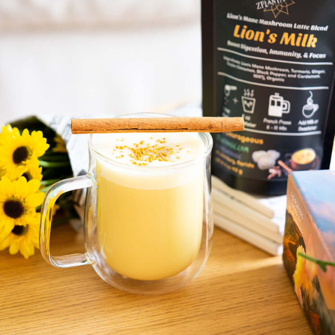 Lion's mane golden milk latte topped with cinnamon for a nourishing morning ritual