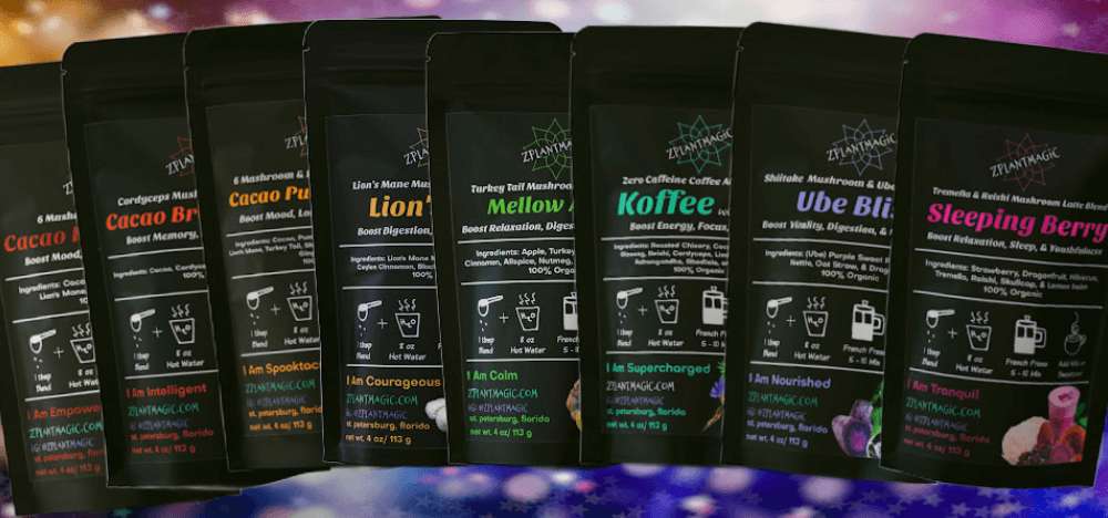 Full lineup of ZPlantMagic mushroom koffee blends in colorful packaging